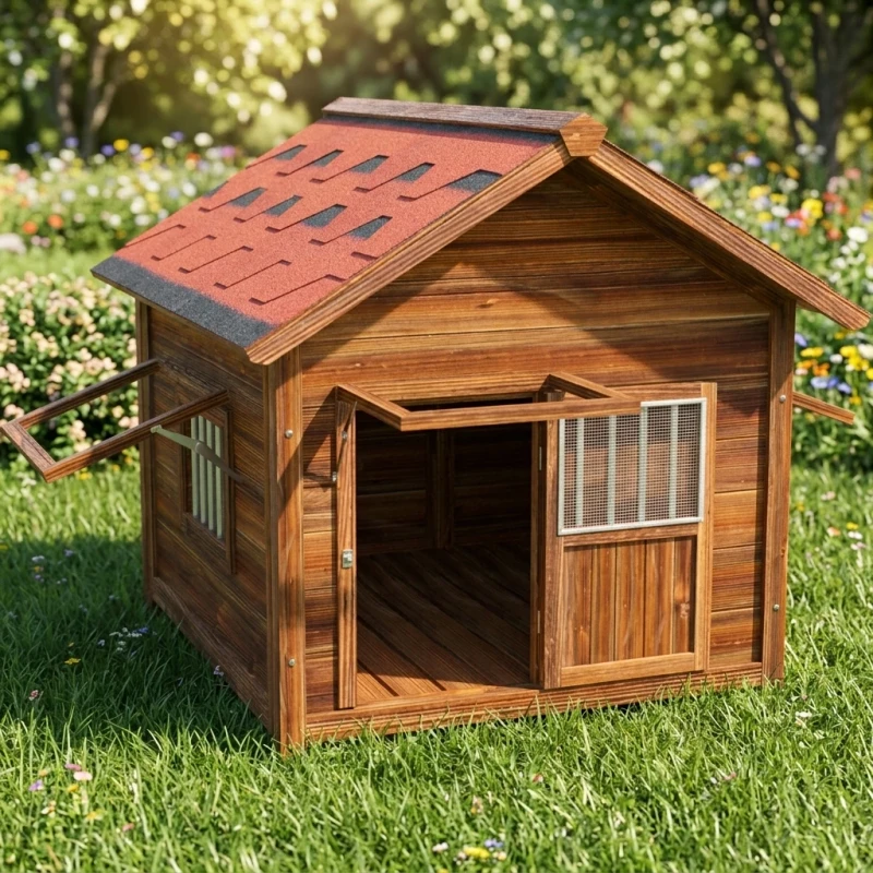 JX Outdoor Solid Wood Pet House Environmentally Friendly and Durable with Large Living Space Rain and Sun Protection
