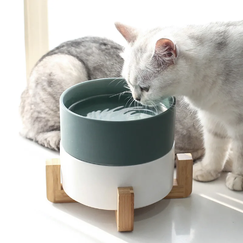 Japan Style Printed White Custom Elevated Stand Raised Marble Ceramic Cat Pet Dog Bowl Feeder