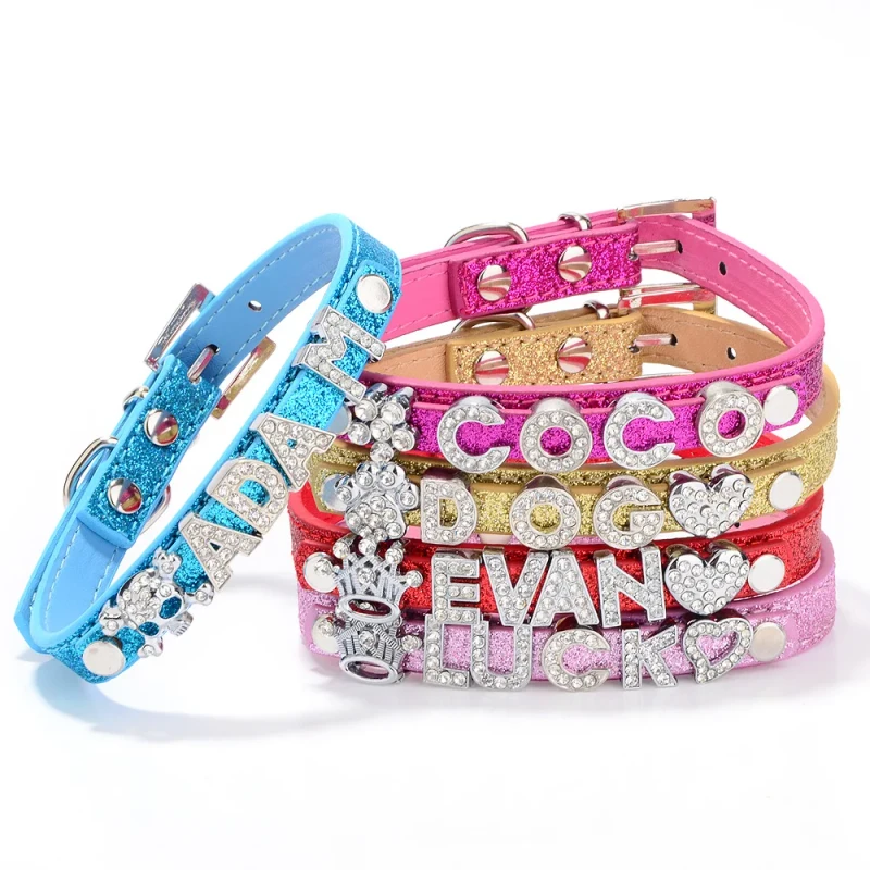 Jeweled Rhinestone DIY Dog Collar Ribbons PU Nylon Material Comfortable Traction Rope Padded Letter Design Button