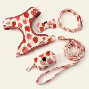Kawaii Luxury Velvet Dog Pet Harness Set with Matching Leash Custom Pattern Printing Adjustable Fit Heavy Duty Metal Clip