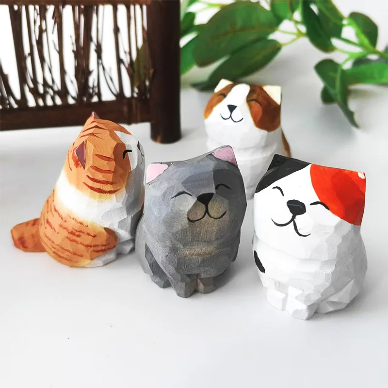 Kitten Handmade Solid Wood Carving Handicrafts Living Room Office Desktop Ornaments Home Accessories Small Gifts Cute Pet