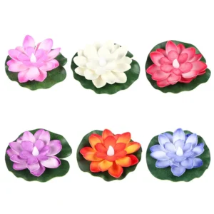 LED Candle Artificial Floating Lotus Flower with Lily Pad Light up Foam Water Lily Decor for Pool Pond Aquarium Home Decor