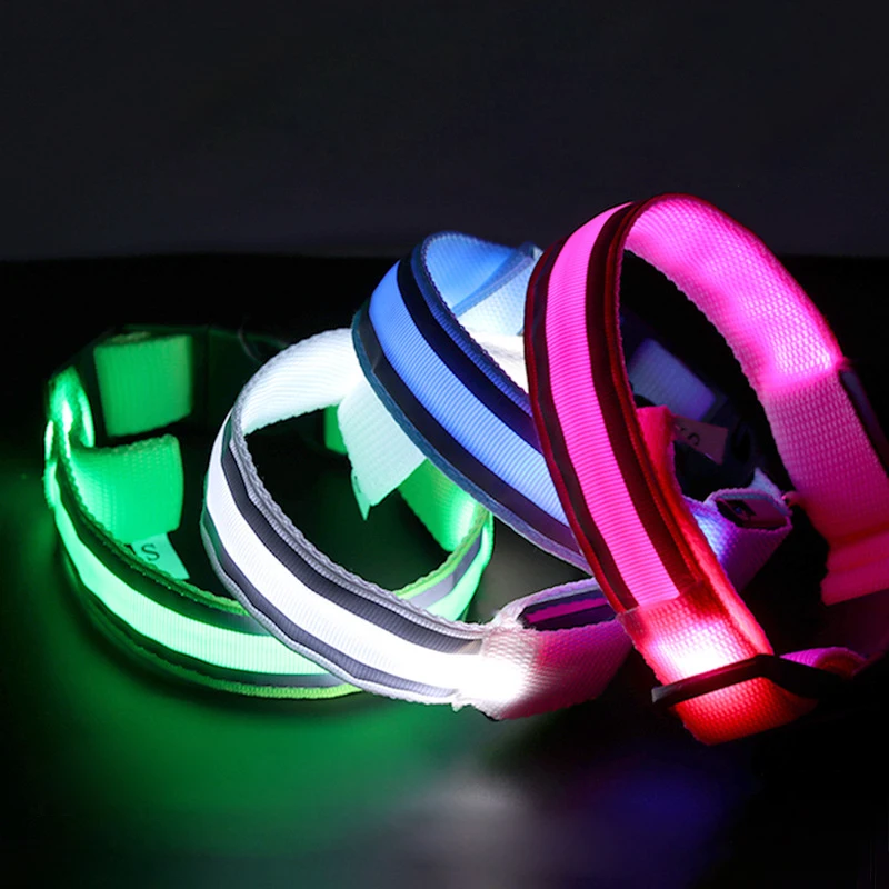 LED Lights Collar Nylon Custom Dog Pets Collars Glow in Night Cat Puppy Safe Luminous Flashing Necklace Pet Dog Collar