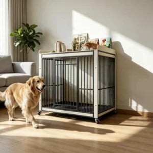 Large Breed Dog Crate Furniture Sturdy Iron Frame Solid Pet House with Lockable Door Caster Wheels Box