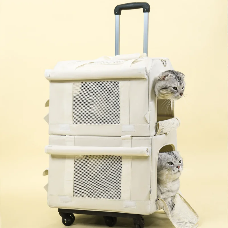 Large Capacity Double Decker Cat Backpack Pet Trolley Case for Spring Summer Bus Pet Push Pull Handbag for Dog Cat Breathable