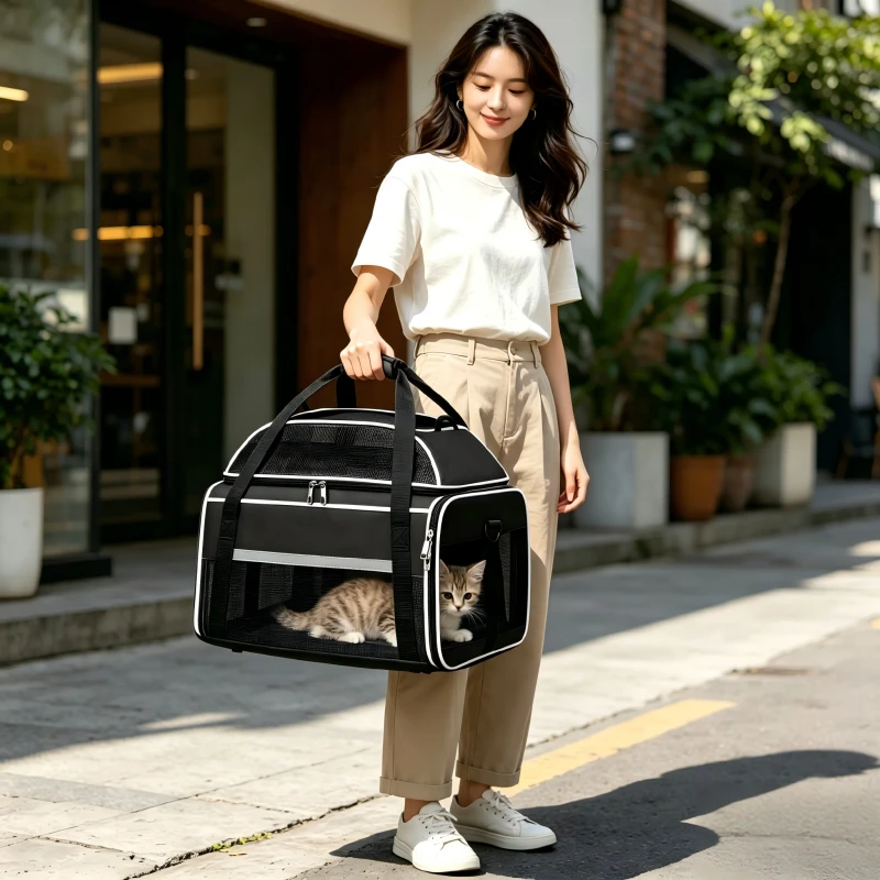 Large Capacity Expandable Oxford Zipper Modern Outdoor Pet Carrier Airline Approved Soft Sided Breathable Underseat 12lbs Small
