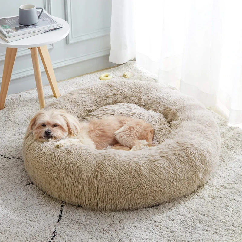 Large Customized New Style Plush Anti Anxiety Donut Shape Warm Washable Non slip Pet Dog Bed