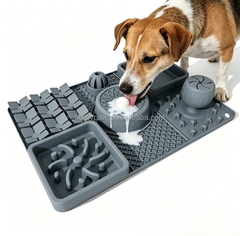 Large Dishwasher Safe Silicone Pet Food Snuffle Mat Gray Interactive Sniff Mat Dog Enrichment Bowl with Rolling Ball