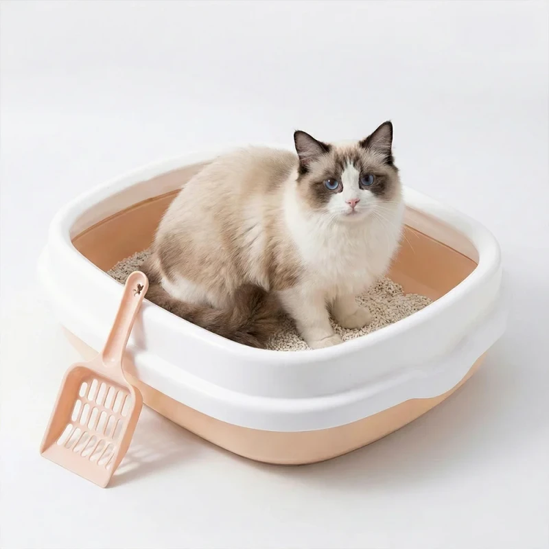 Large Durable Plastic Open Top Pet Cat Litter Box Anti Scatter with Litter Scoop for Indoor Cats Easy Cleaning