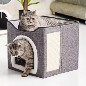 Large Foldable Cat House with Fluffy Ball Fashion Solid Pattern Indoor Cat Cave Scratching Board Furniture Pet Bed