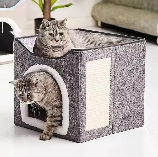 Large Foldable Cat House with Fluffy Ball Fashion Solid Pattern Indoor Cat Cave Scratching Board Furniture Pet Bed