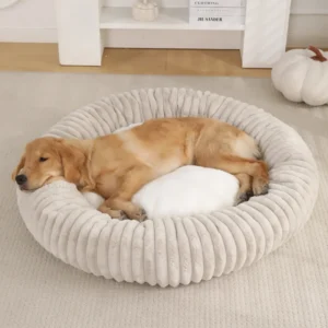 Large Foldable Ribbed Plush Dog Bed Comfortable Calming Cushion with Solid Pattern Portable for Medium Breeds