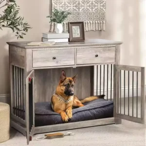Large Iron Dog Crate Furniture Wooden Kennel End Table with Storage Drawers Decorative Pet Crates Dog House