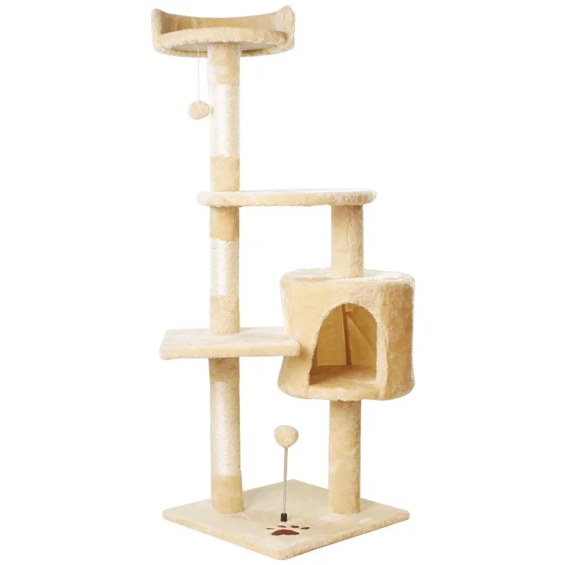 Large Modern 4 Tier Natural Wood Cat Tree Tower Indoor Cat Climber with Sisal Scratching Posts Perch & Toys Packed in Carton