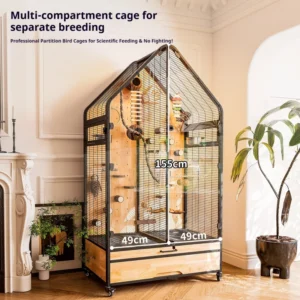 Large Movable Solid Wooden Bird Cage with Iron Frame and Panoramic Design for Indoor Use Box Packaging