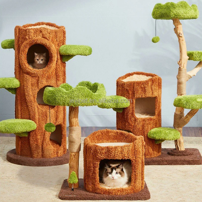 Large Multi Function Natural Cat Tree Wooden Cat Climbing Tower With Scratching Posts Cat Tree