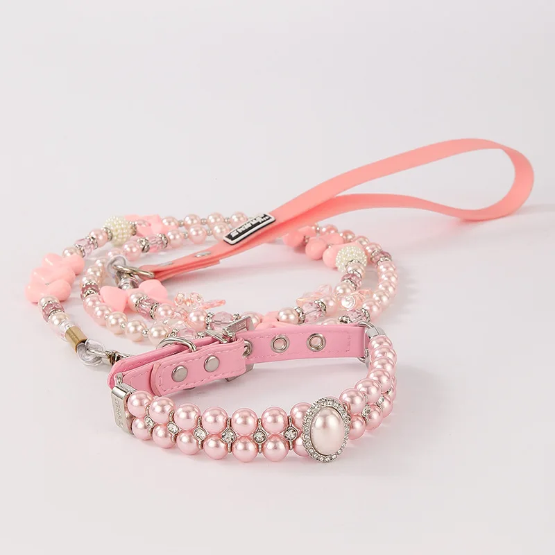 Large Pearl Diamond Design Pet Collar for Small Size Dogs Solid Pattern Cat Dog Necklace Wire Rope Beaded Necklace