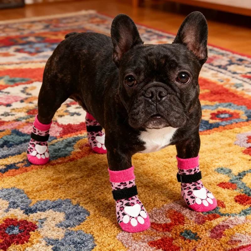 Large Size Pink Leopard Print Pet Socks Non-Slip Doggy Socks Super Thick Grip for Hardwood Floors Great Paw Protection Winter