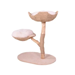 Large Wood Cat Tree Featuring Central Sunken Lounge Area Dual Flower Platforms Integrated Scratcher for Indoor Cats Enrichment