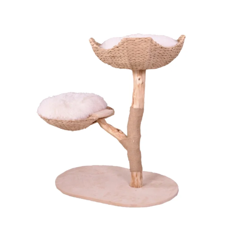 Large Wood Cat Tree Featuring Central Sunken Lounge Area Dual Flower Platforms Integrated Scratcher for Indoor Cats Enrichment