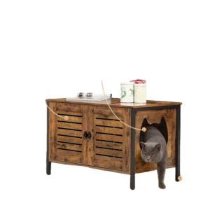 Large Wood and Metal Cat Box Cabinet Pet Furniture Cat Washroom with 2 Door Industrial Cat Dog House with Iron Frame