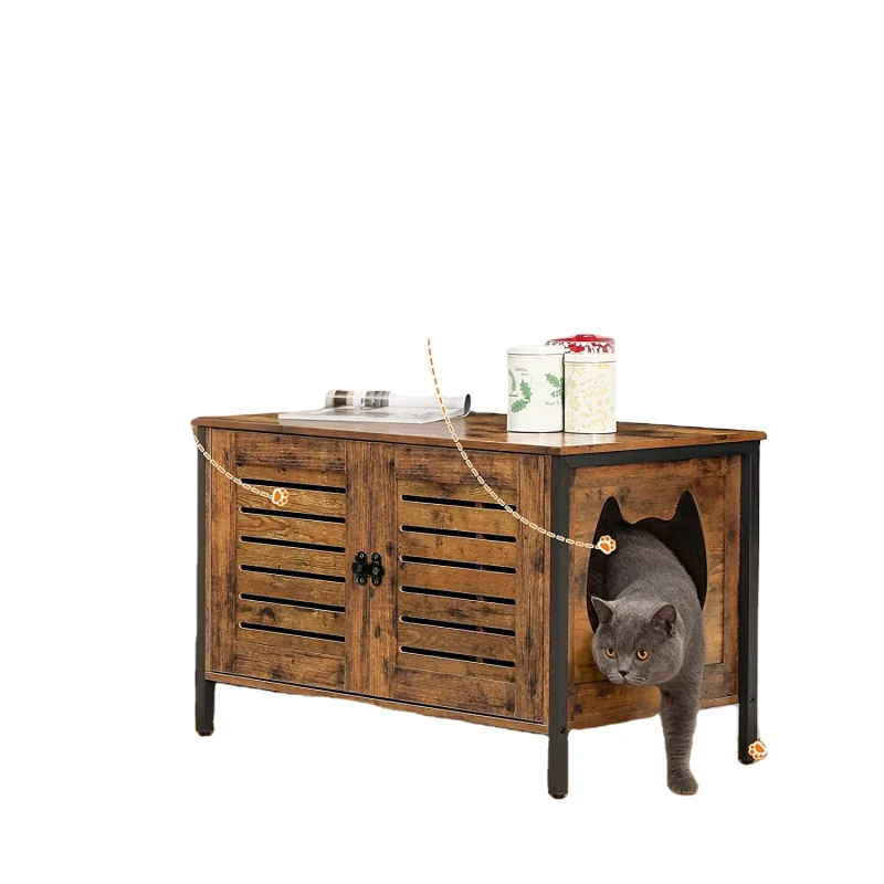 Large Wood and Metal Cat Box Cabinet Pet Furniture Cat Washroom with 2 Door Industrial Cat Dog House with Iron Frame