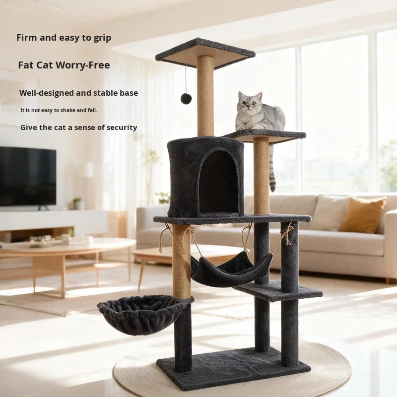 Large Wooden Minimalist Cat Tree Tower with Integrated Cat House & Scratcher All Seasons Made in China Pet Supplies