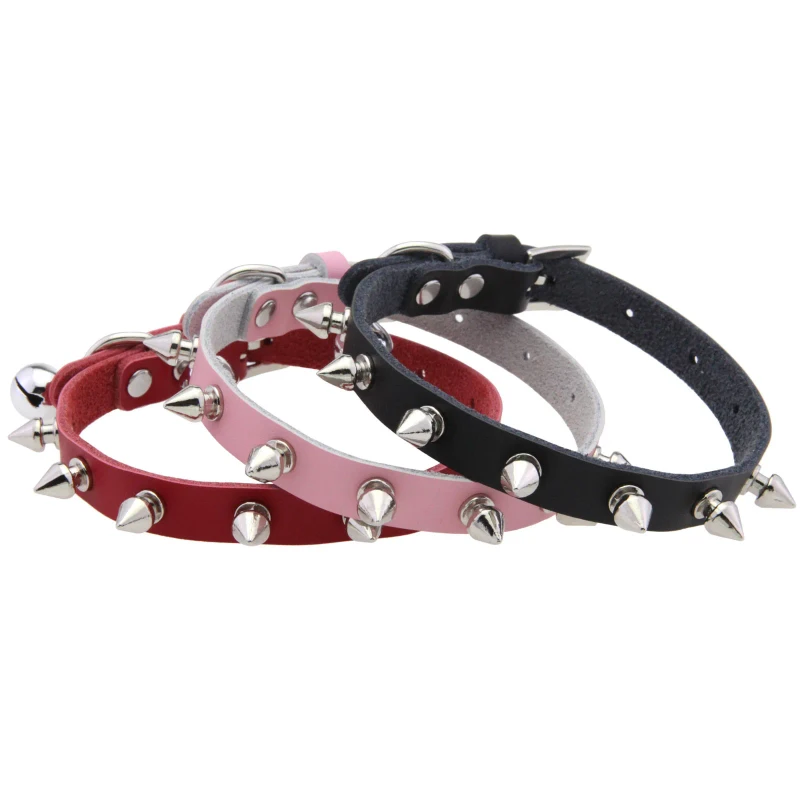 Leather Cat Collar with Alloy Sharp Rivet Adjustable Strap Neck Collar for Small Dogs Cats with Bell