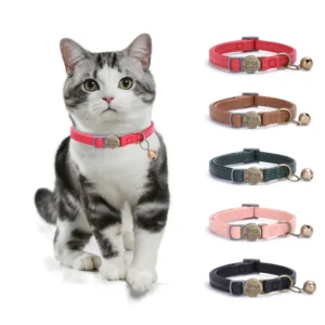 Leather Cat Collar with Bell Print Pattern Quick Release Safety Elastic Strap for Cats Boys Girls