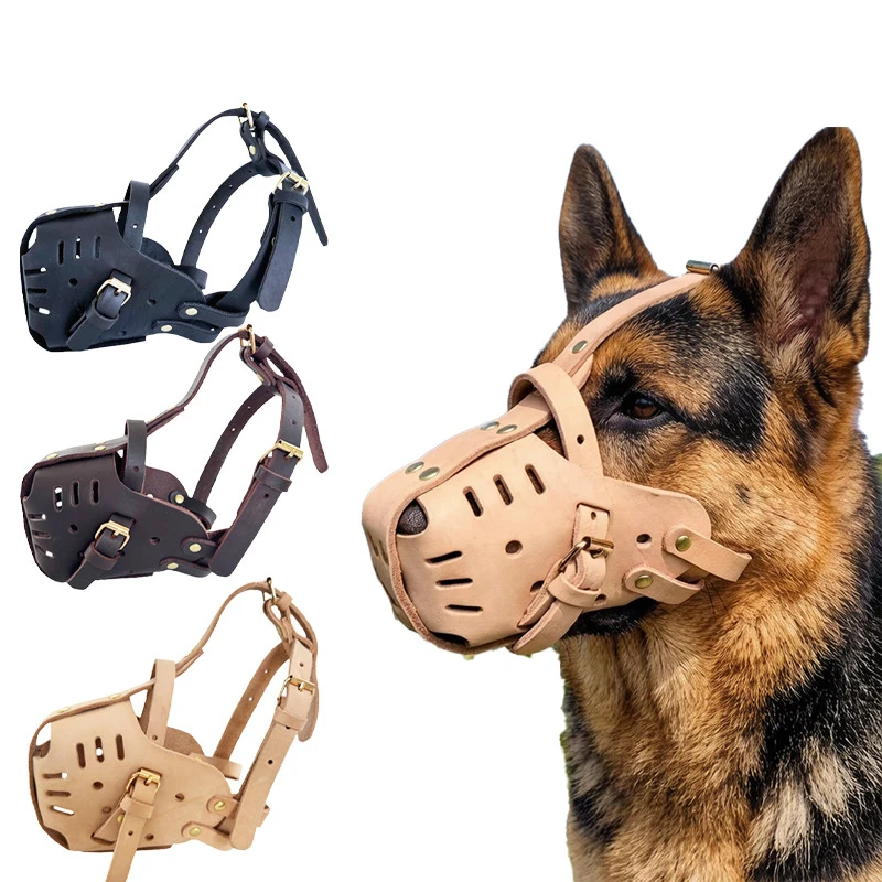Leather Dog Muzzle for Large Breeds Anti Bite Barking Control Adjustable Mask Agility Training Gear