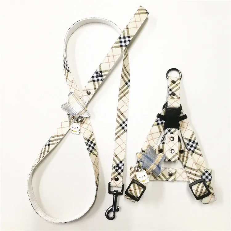 Leather Plaid Adjustable No Pull Pendant Pet Collars Leashes Pet Harness Dog Harness