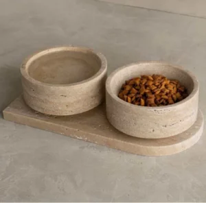 Light Beige Travertine Pet Bowl Marble Pet Double Bowls Cat Easy Clean Top Dog Feeder Customized Bird Feeder