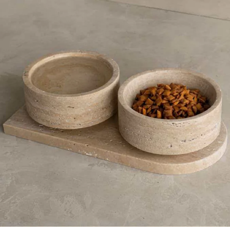 Light Beige Travertine Pet Bowl Marble Pet Double Bowls Cat Easy Clean Top Dog Feeder Customized Bird Feeder
