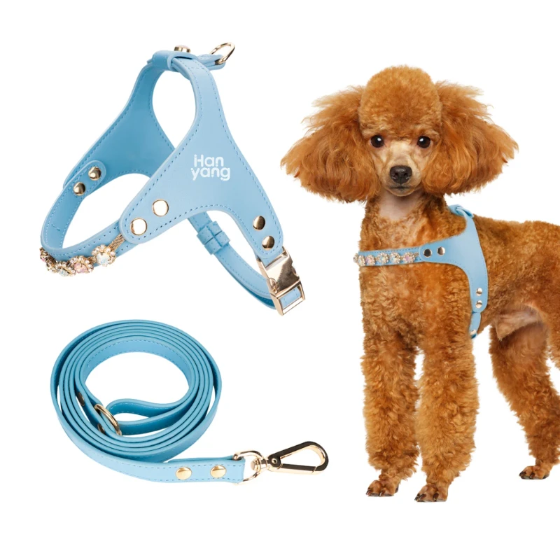 Light Blue Rhinestone Dog Harness PU Leather Pet Harness and Leash Set for Small Breeds