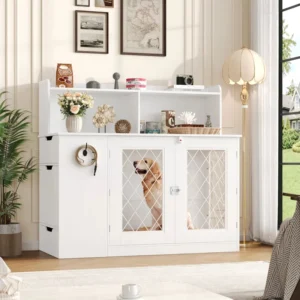 Living Room Furniture Pet House Feeding Station Customized 47.2″W Dog House With Food Storage Drawer