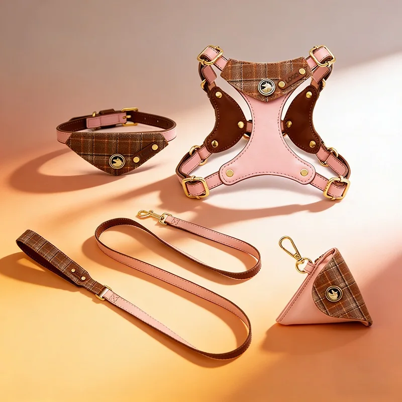 Logo Custom Hair-resistant Leather Dog Harness Collar Leash Poop Set for Dogs Lovers