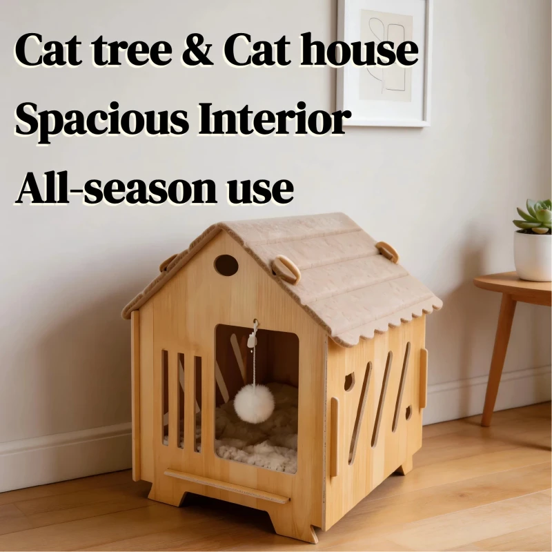 Luxurious Easy Assemble All Season Use Cat Tree High Quality Cat House Multi Layer Board Modern Scratcher Solid Wood Felt Roof