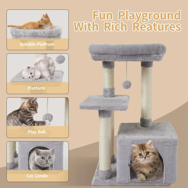 Luxurious Plush Cute Cat Tree Customized Pet Condo Natural Sisal Scratcher Eco Friendly MDF Wood Furniture Carton 31.5