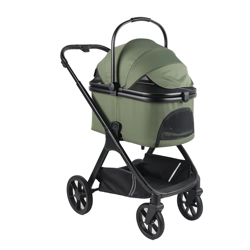 Luxury 4 Wheel Foldable Stainless Steel Frame Pet Dog Trolley Stroller Leash Included Detachable Traveling Walk Carrier