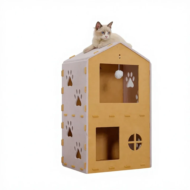 Luxury Cat & Dog Villa Multi Level Cat House Large Platform Waterproof All Season Felt Roof Paw Print Pattern Indoor Use