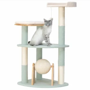 Luxury Cat Tree House Custom Designed Wood Scratcher Tower with Catching Ball Play Rest Feature for Cats