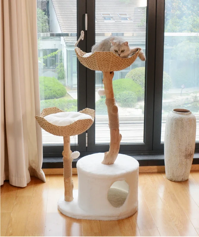 Luxury Cat Tree Tower Wooden Stable Base Sisal Scratcher with Plush Bed OEM ODM Pet Tree Natural Solid Wood with Flower Platform