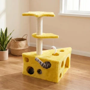 Luxury Cheese Cat Tree Scratcher Small Space Cat Tunnel Scratching Post Eco Friendly Durable 2 Level Non Shedding Particle Board