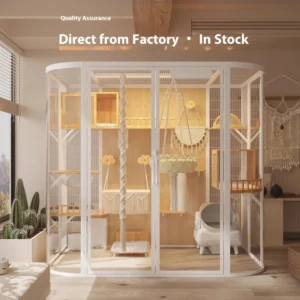 Luxury Customizable Carbon Steel Frame with Rubber Wood Board Tempered Glass Pet Household Cabinet Large Space Cat House Villa