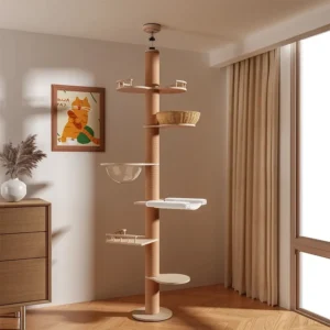 Luxury Cute Style Solid Wood Multi-Layer Board Cat Tree & Cat Scratcher with Shelf Space-Saving Home Use