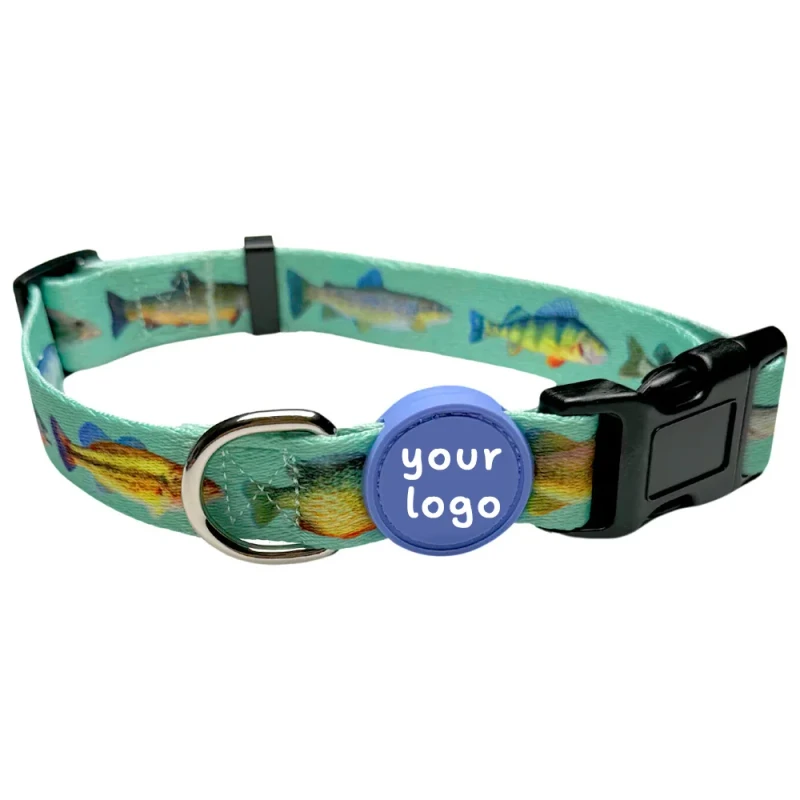 Luxury Design Personalized Animal Print Dog Collar Adjustable Fish Print Dog Collars with Rubber Logo