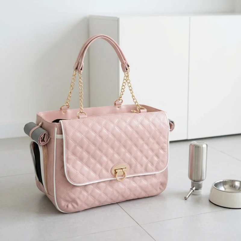 Luxury Diamond Stitch Pet Shoulder Carrier Bag Twist Lock Metal Chain Portable Breathable Cat Puppy Handbag for Daily Walking