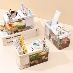 Luxury Eco Friendly ABS Fish Tank Pen Holder Set with Bunny Decoration for Desktop and Dorm Rooms