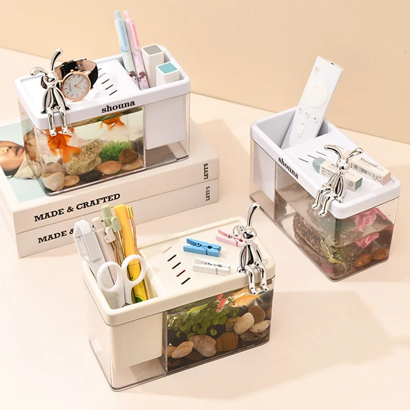Luxury Eco Friendly ABS Fish Tank Pen Holder Set with Bunny Decoration for Desktop and Dorm Rooms