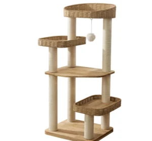 Luxury Eco friendly Modern Plush Cat Tree Tower Rattan Woven Wood Sisal Climbing Scratcher Post Condo Carton Indoor Outdoor